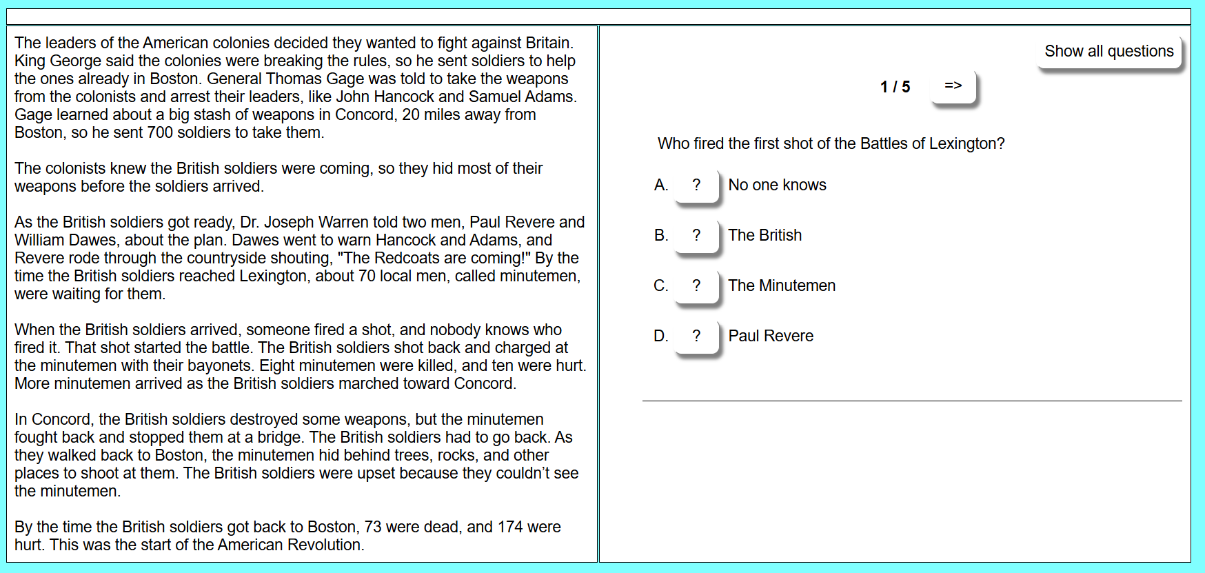 Continental Army Reading Comprehension Printable - Easier